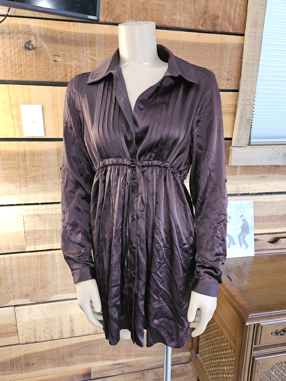 DREW 100% Silk Chocolate Brown Pintuck Pleated Tie-Waist Shirt Dress Parisian Md - Picture 2 of 8